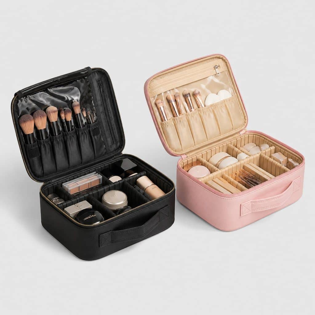 Deux trousses de maquillage avec plusieurs compartiments sur fond clair