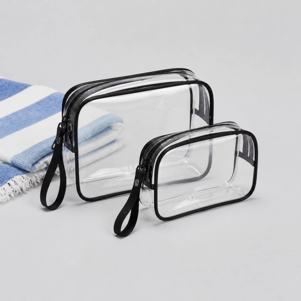 Deux trousses transparentes étanches posées près d'une serviette de plage