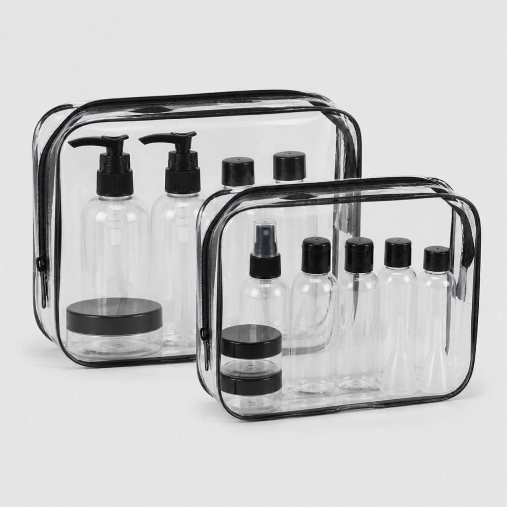 Deux grandes trousses transparentes en PVC remplies de flacons sur fond clair