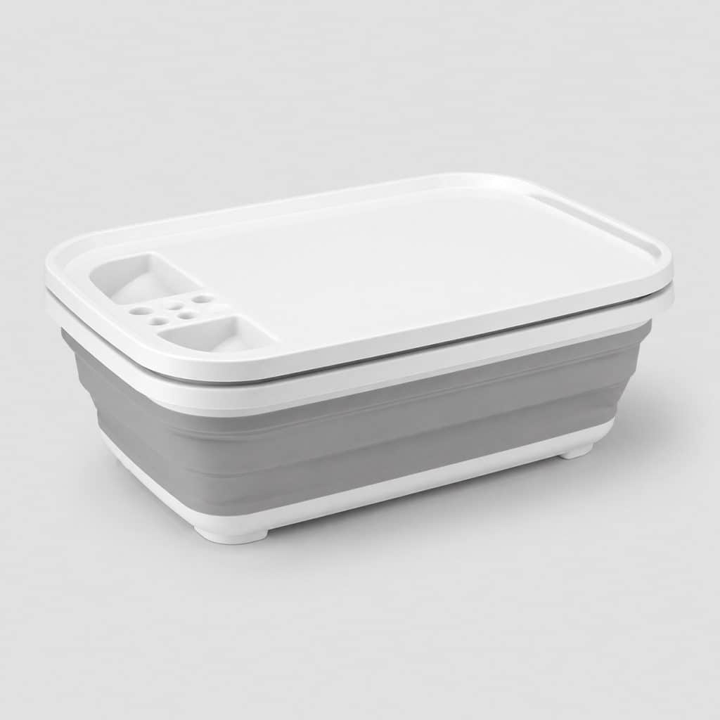 Bassine pliable posée à plat avec son plateau de table amovible