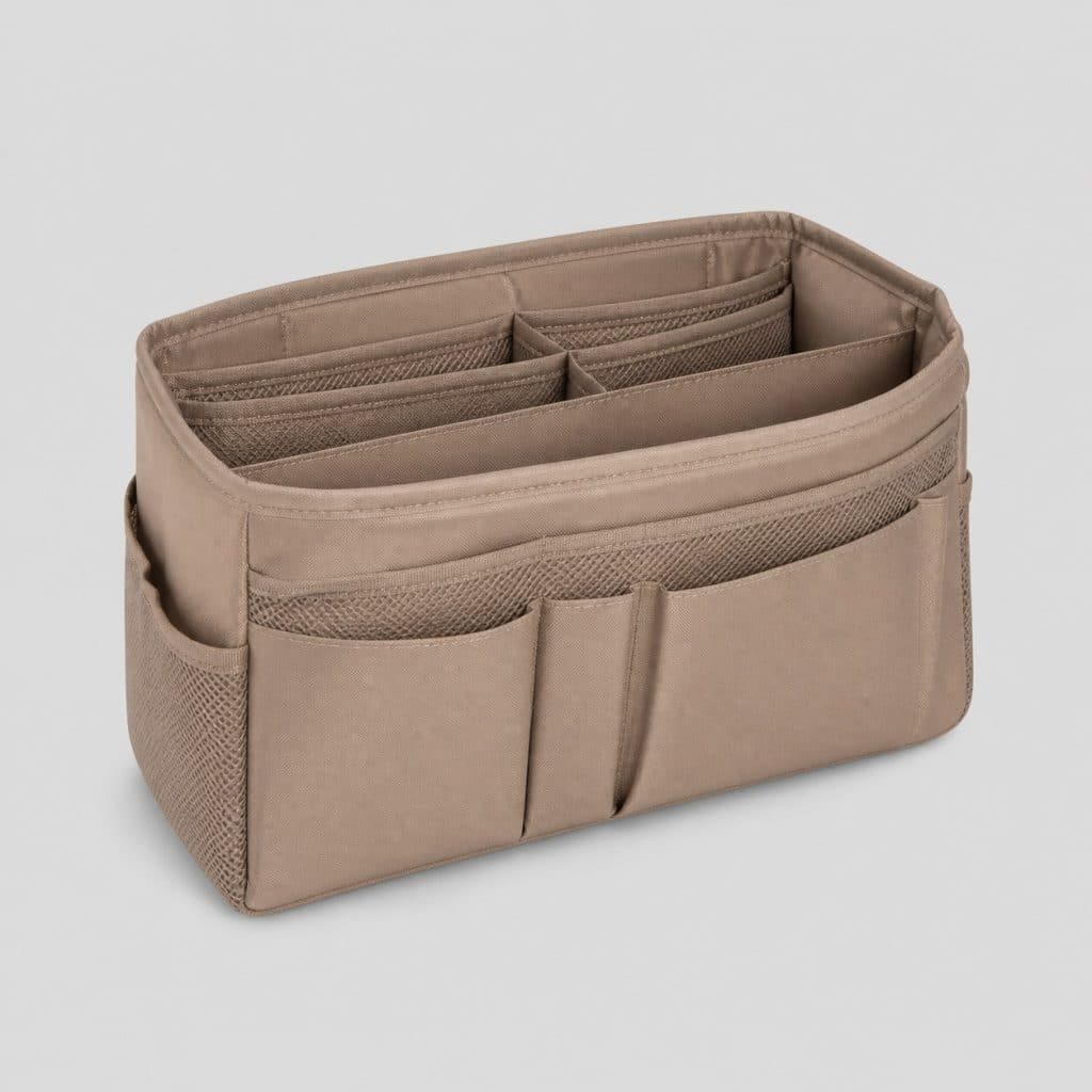 Organisateur de rangement souple à plusieurs compartiments sur fond clair