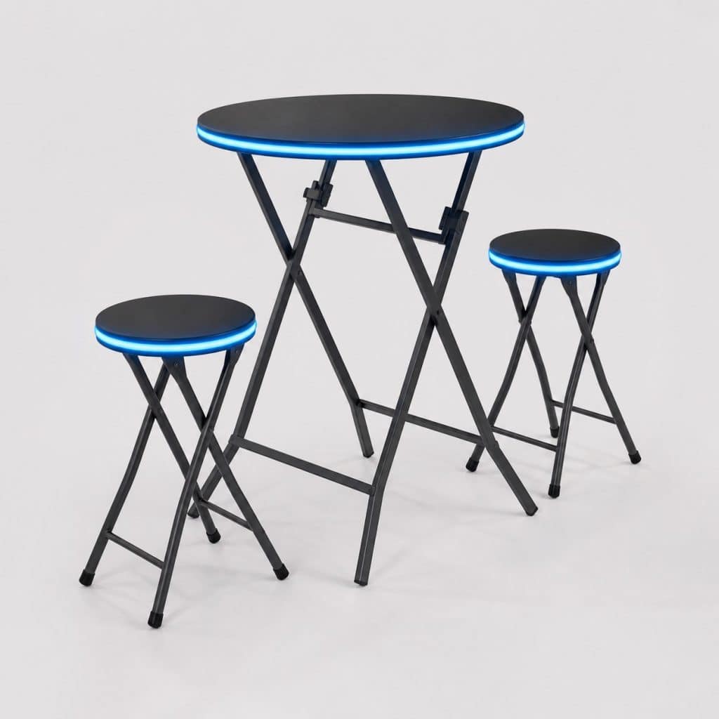 Ensemble table pliante et 2 tabourets LED posés sur une terrasse le soir