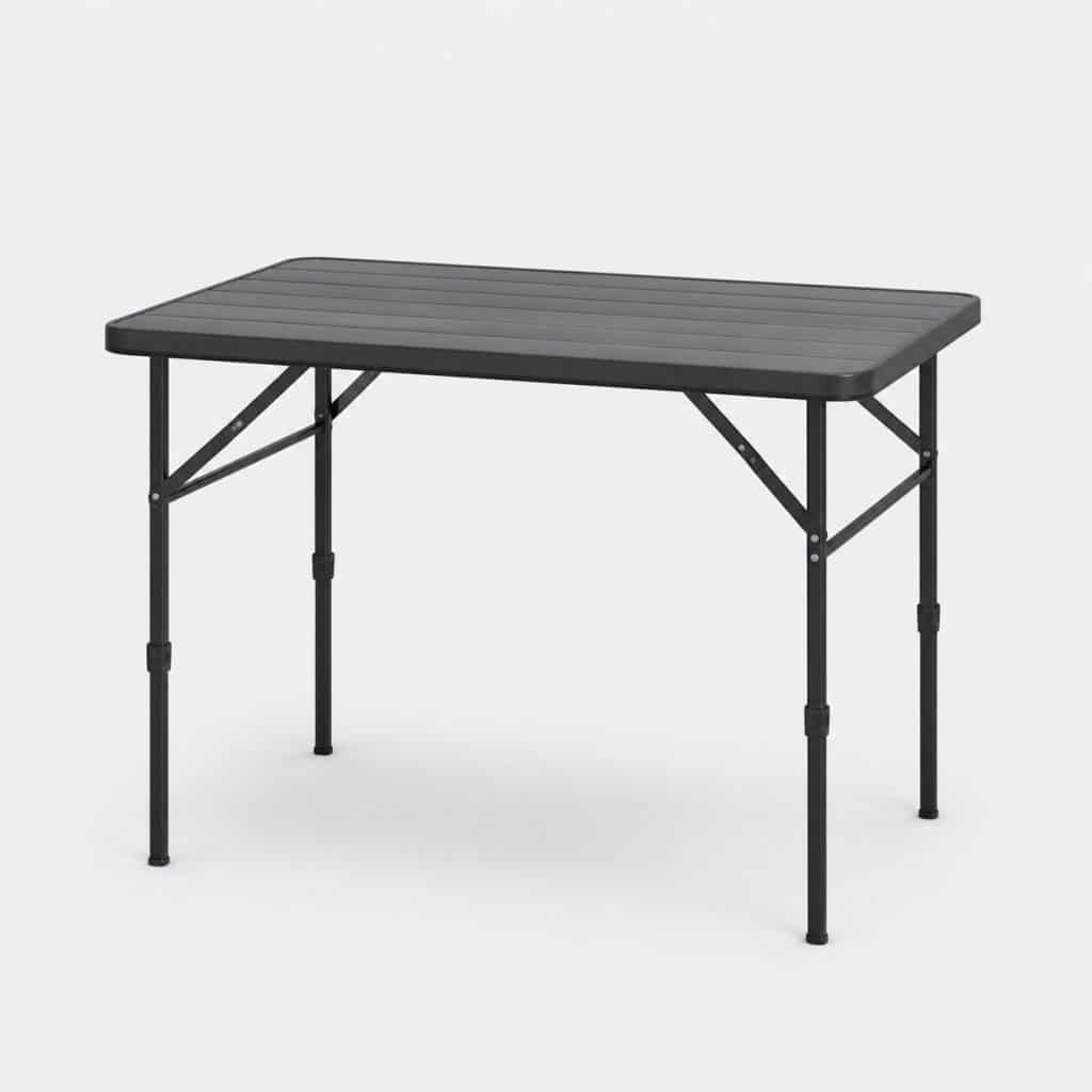 Table pliante posée dans un jardin réglée sur une hauteur intermédiaire