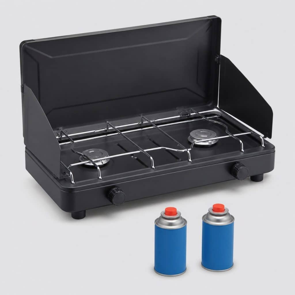 Réchaud de camping à gaz 2 feux avec ses cartouches sur fond clair