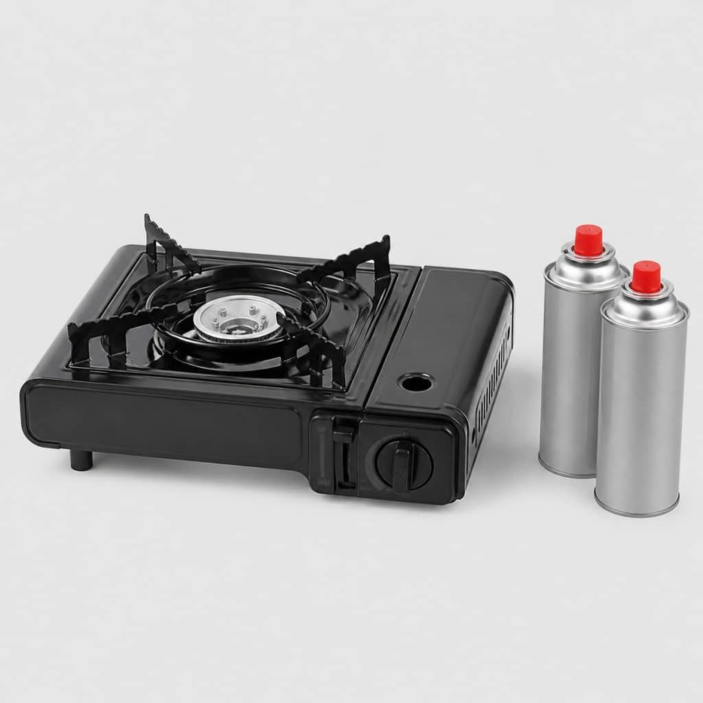 Petit réchaud de camping à gaz 1 feu avec ses cartouches sur fond clair