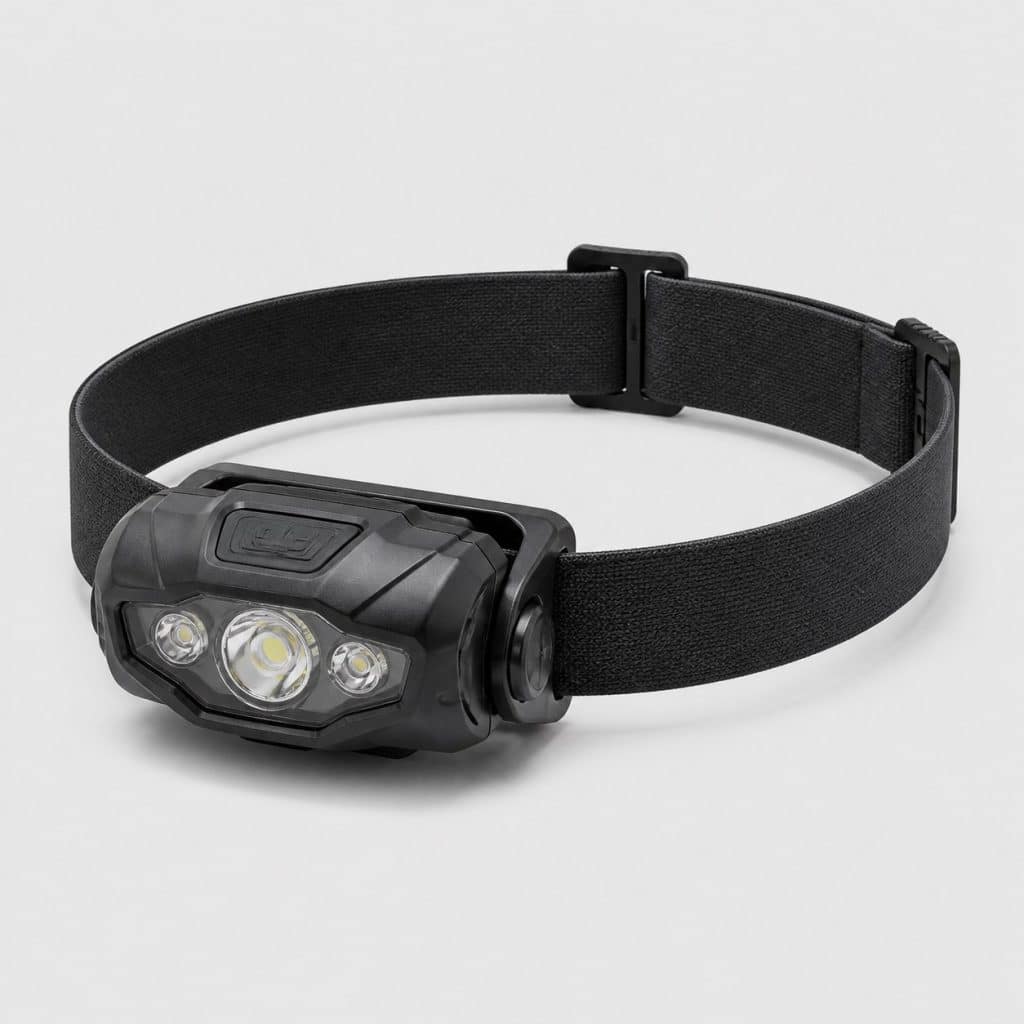 Lampe frontale compacte et légère posée sur fond clair
