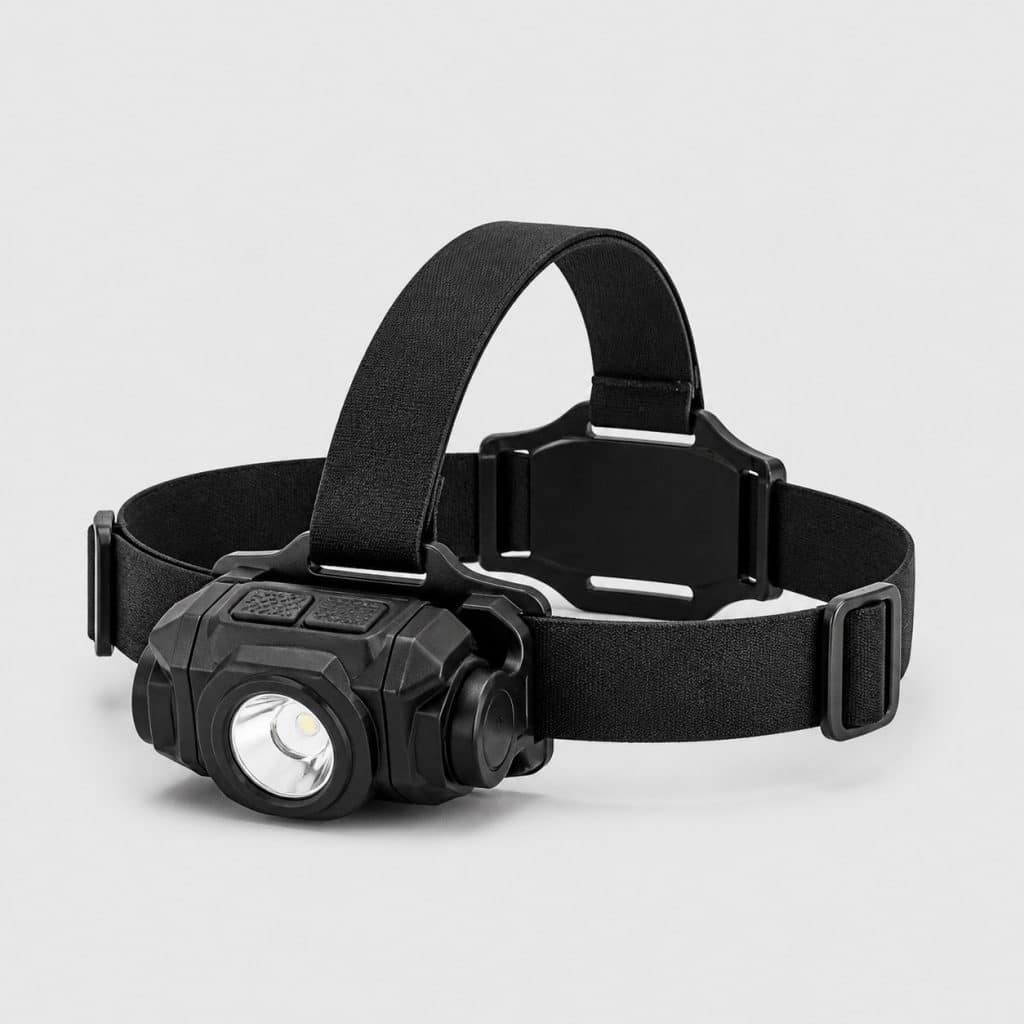 Lampe frontale robuste noire posée sur fond clair