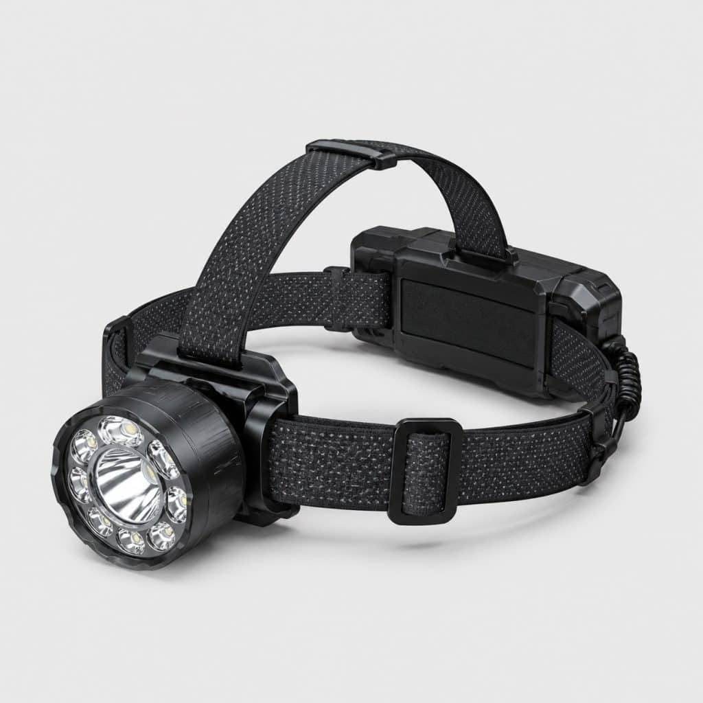 Lampe frontale puissante avec grand boîtier posée sur fond clair