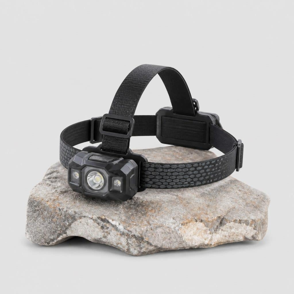 Lampe frontale de randonnée posée sur une pierre en extérieur