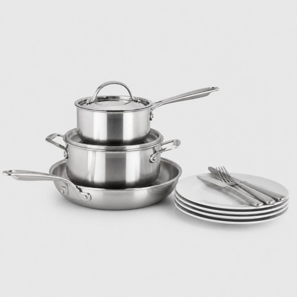 Casserole et poêle en inox empilées avec assiettes et couverts