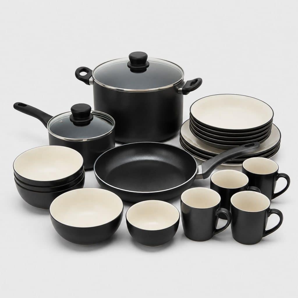 Popote XL avec casserole, poêle, assiettes, bols et mugs
