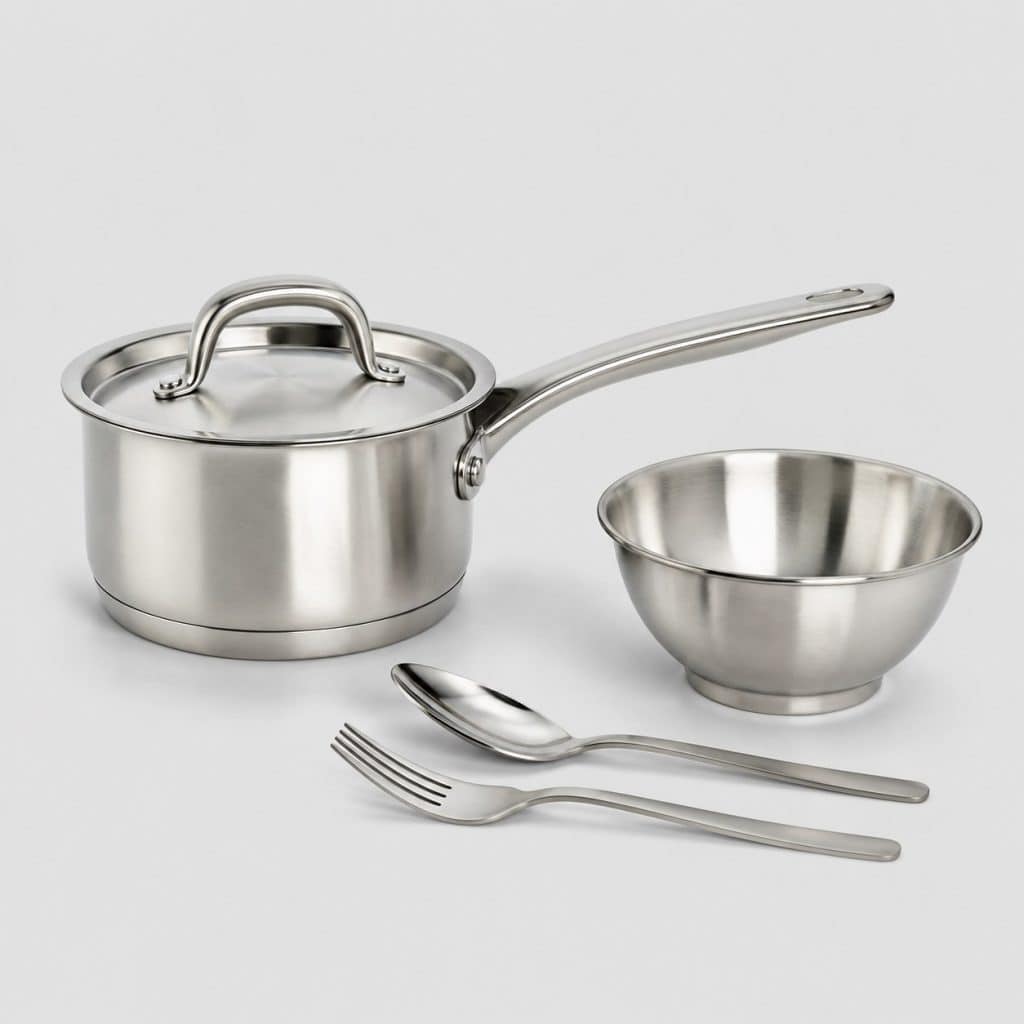 Petite casserole en inox avec bol et couverts sur fond clair