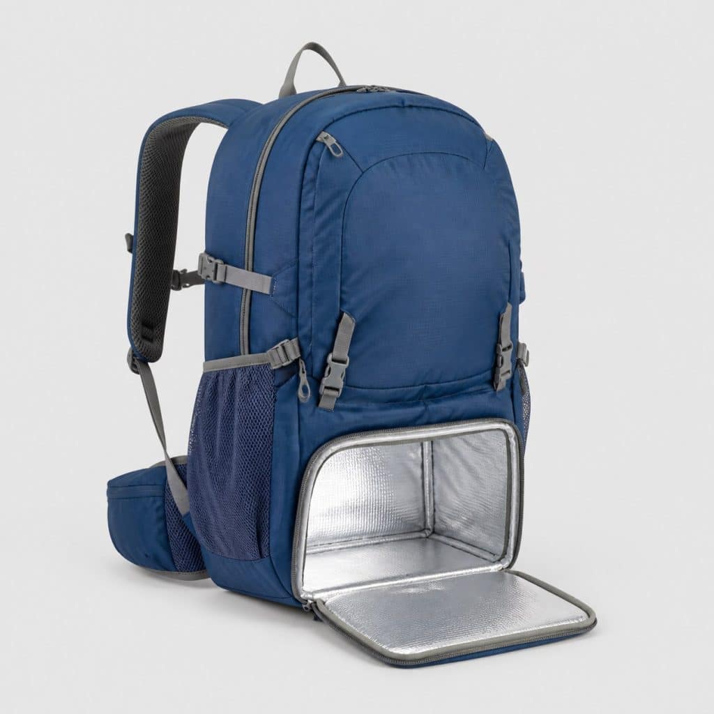 Sac à dos de randonnée bleu avec compartiment isotherme sur fond clair