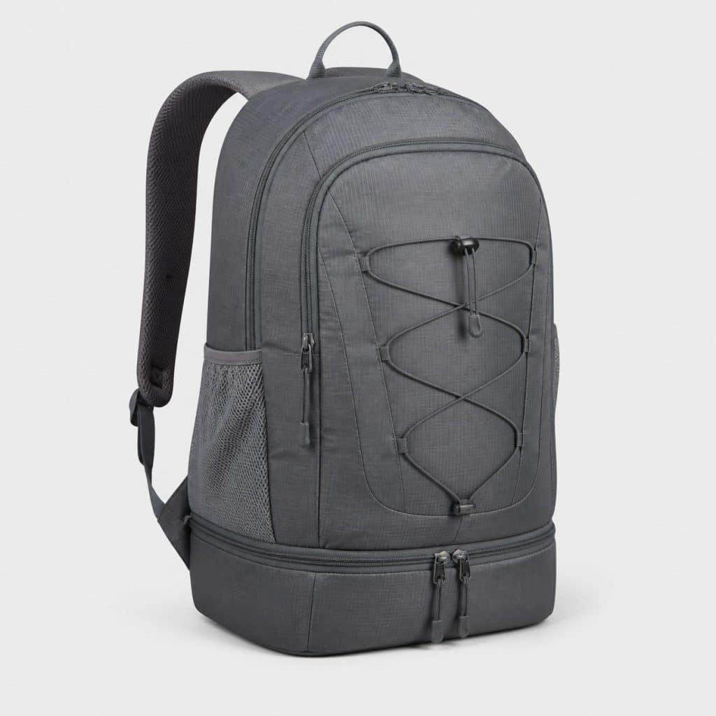 Sac à dos de randonnée gris avec compartiment isotherme sur fond clair